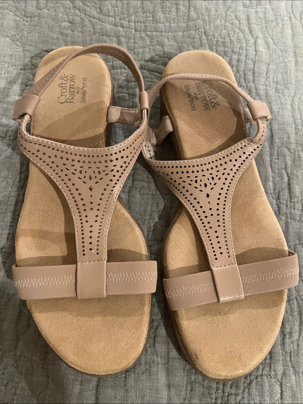 croft & barrow Taupe Perforated T‑Strap Sandals